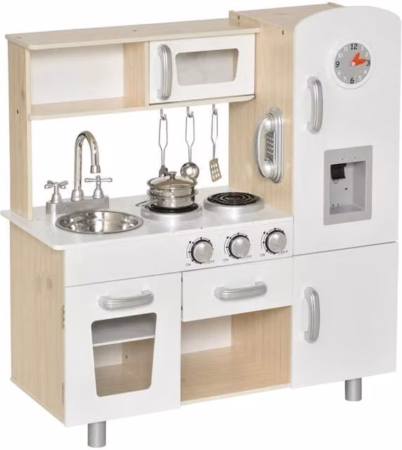Cucina giocattolo in legno per bambini con lavandino, fornelli, pentole e utensili, colore bianco