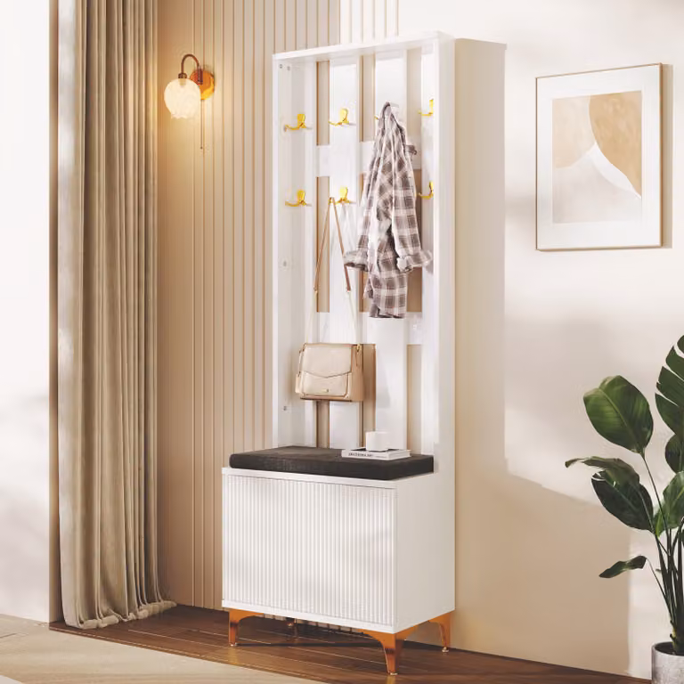 STILVORA 180,5×60,2 cm Set guardaroba Armadio con panca porta scarpe e cuscini, guardaroba con ganci, bianco