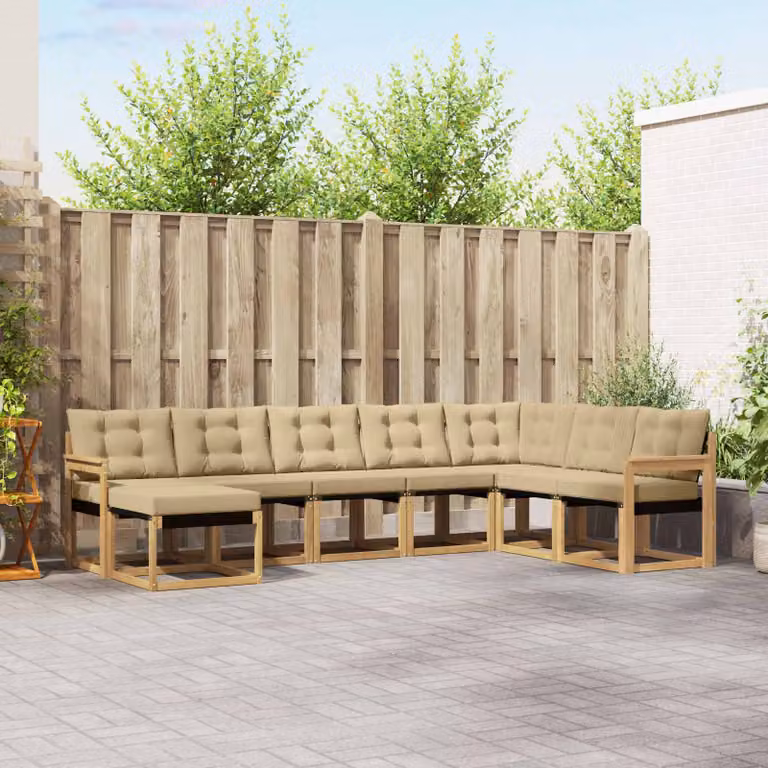 vidaXL Set di divani da esterno a L composto da 8 pezzi in legno di acacia con cuscini, colori bianco, beige e marrone
