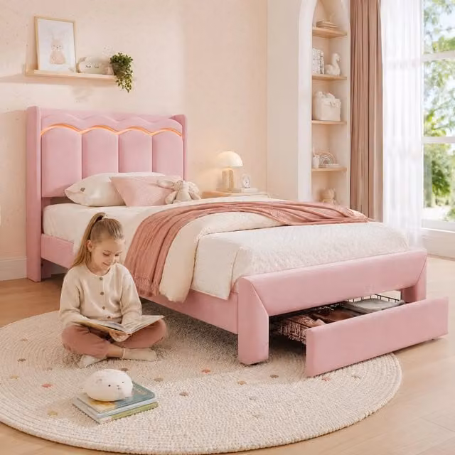 Letto imbottito per bambini 90x200 cm, rosa, con cassetto a piede letto, testata ondulata, ripiano, illuminazione LED app e portata 220 kg