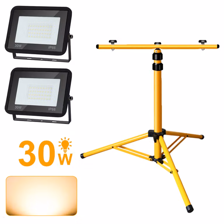 Jopassy Proiettore a LED con treppiede Proiettore da costruzione per esterni IP66 Proiettore per giardino cortile cortile 2X30W bianco caldo