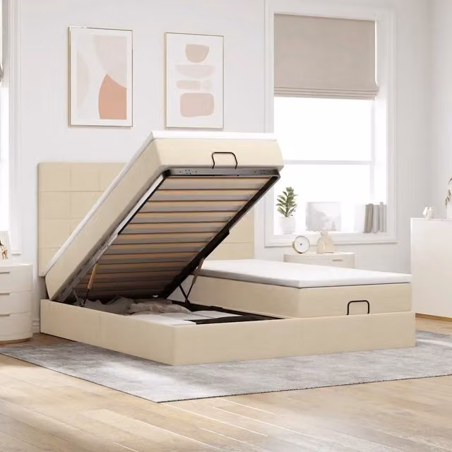 Struttura Letto con Contenitore e Materasso vidaXL in Tessuto Beige e Bianco L/P: 200 x 200 cm