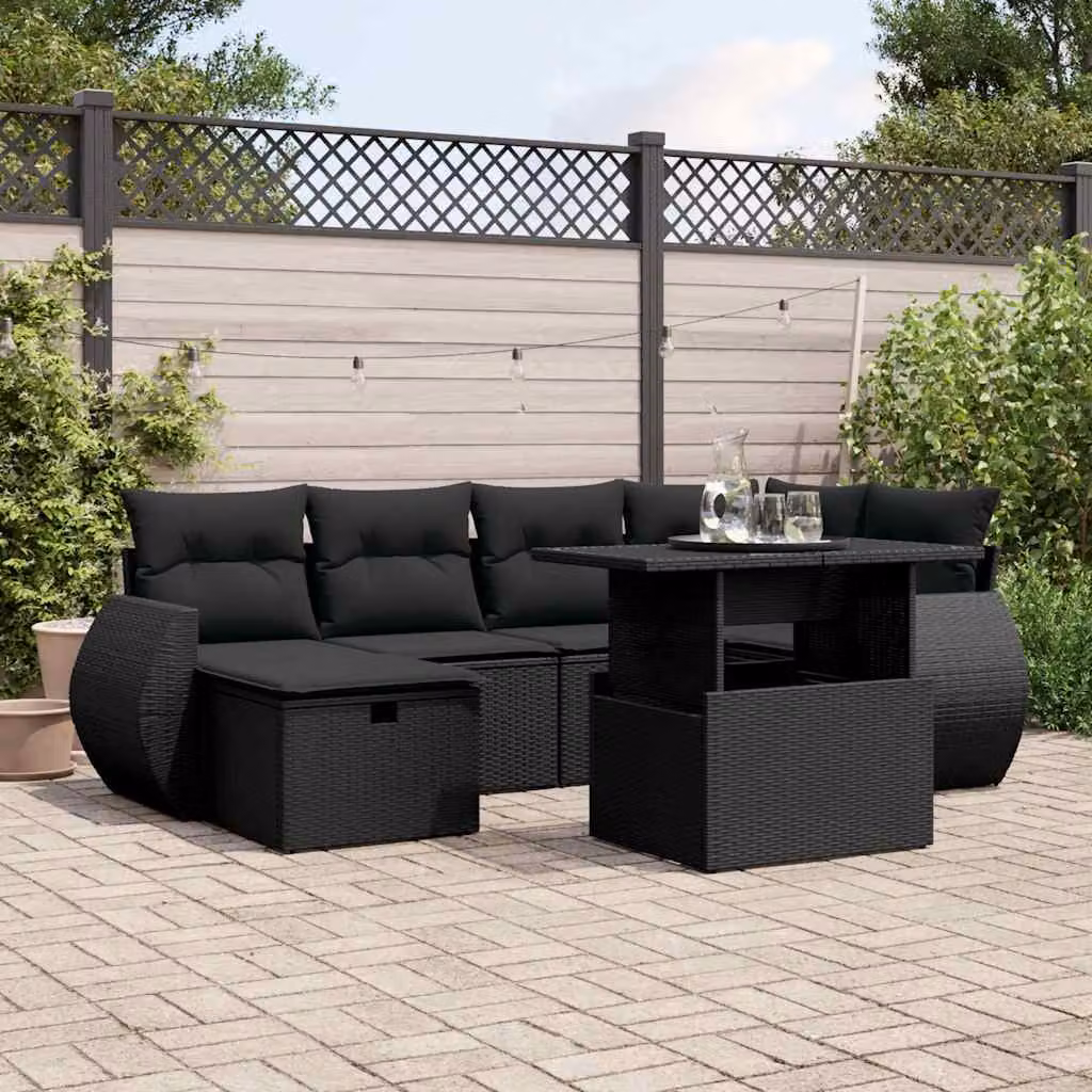 Set Divani da Giardino vidaXL a Forma di L con 7 Pezzi in Polyrattan Nero e Cuscini Resistenti ai Raggi UV – 1