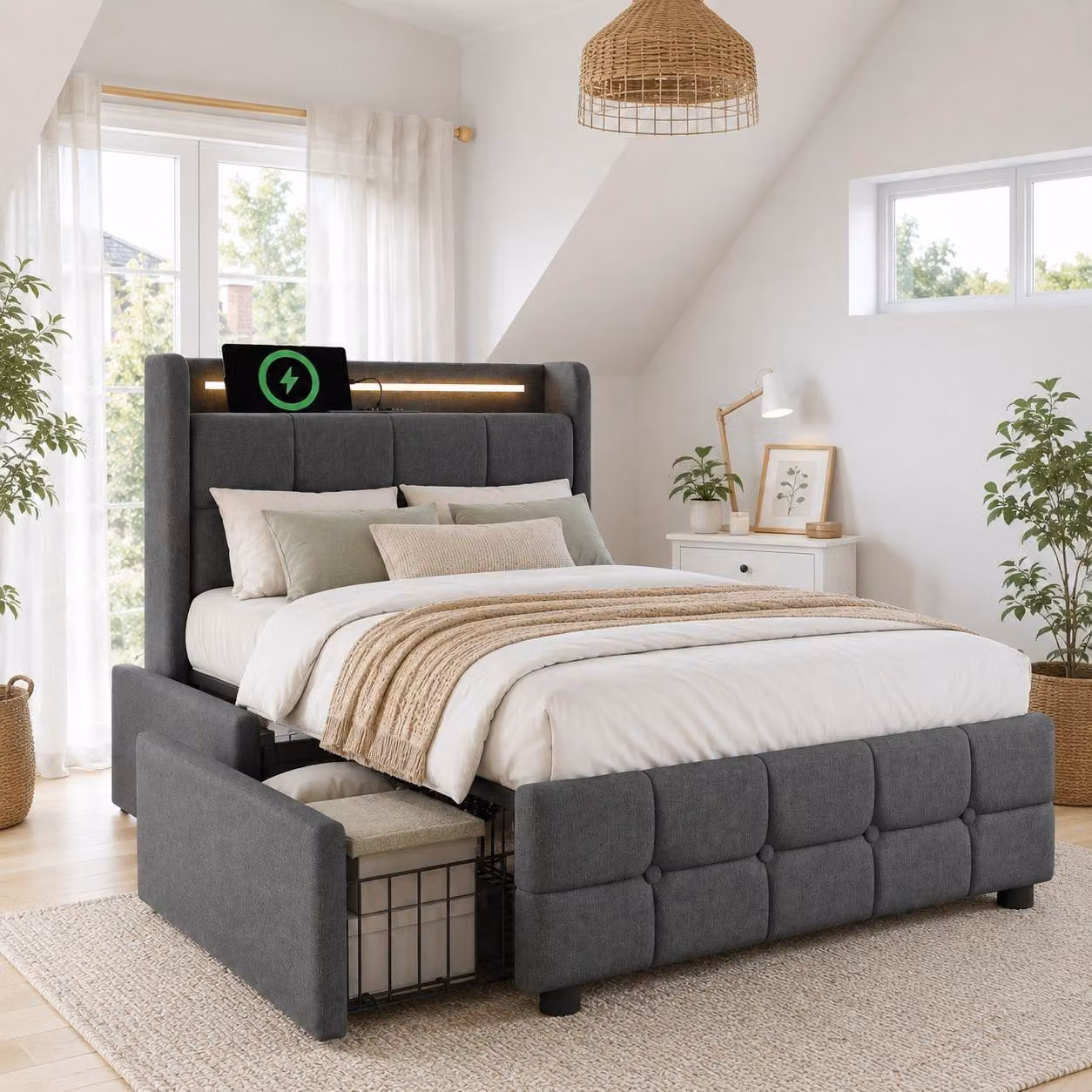 Letto imbottito 90x200 cm con illuminazione LED, 2 porte USB e 2 prese di corrente, 2 cassetti, ripiano imbottito nella testiera, rete a doghe in legno, colore grigio, senza materasso