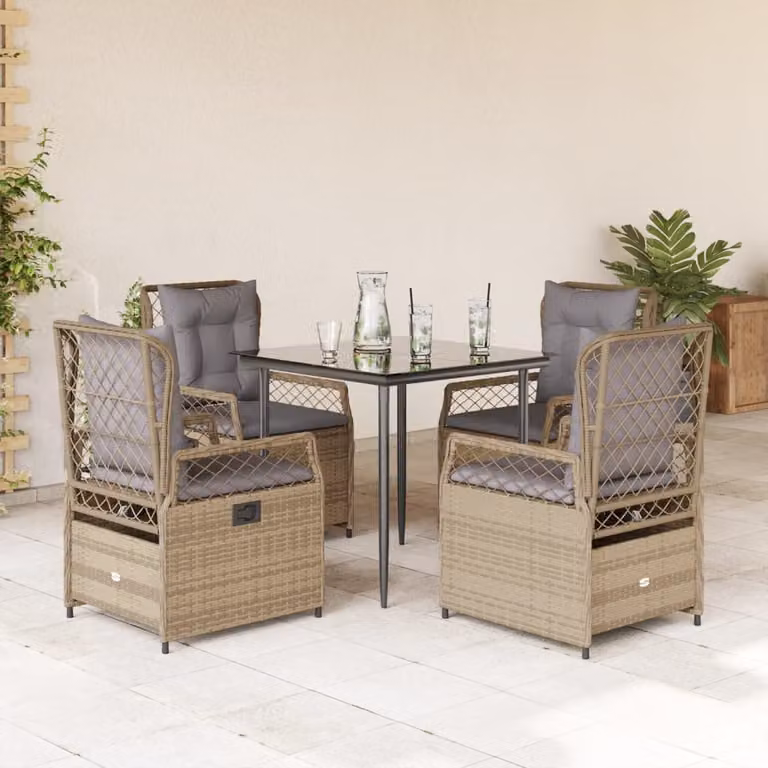Set da Pranzo da Giardino 5 pz vidaXL in Polyrattan con Cuscini Beige e Tavolo in Vetro
