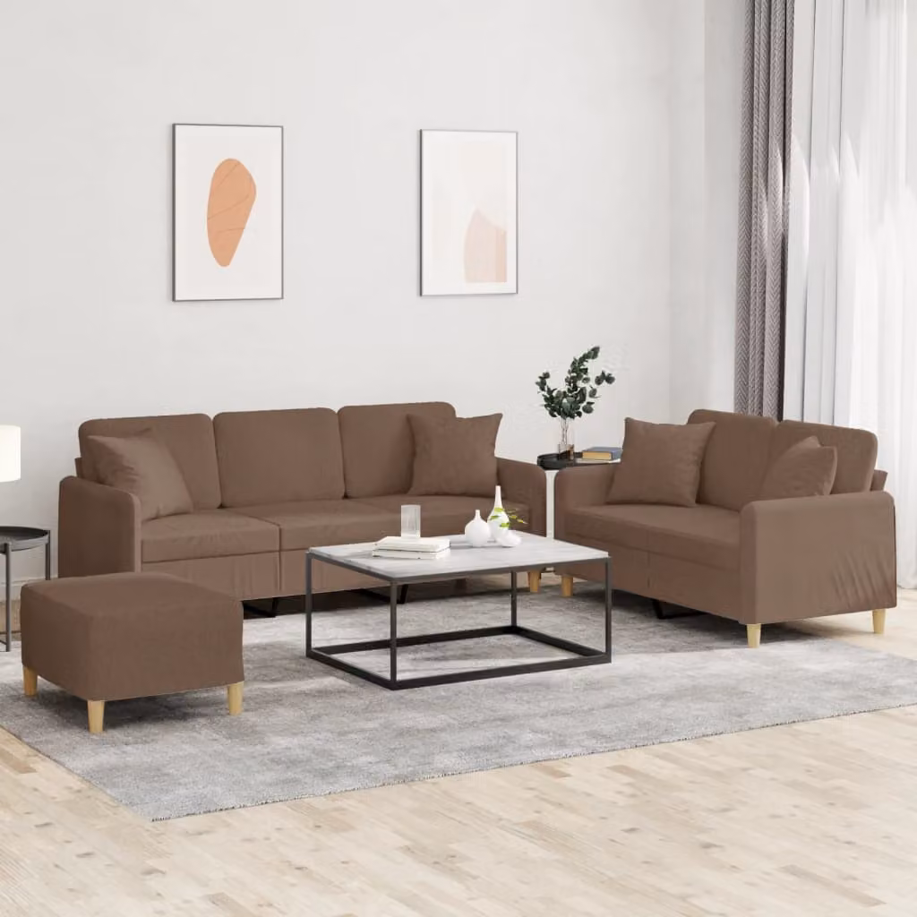 Set di divani 3 pezzi vidaXL con pouf e cuscini, colore marrone in tessuto moderno per soggiorno