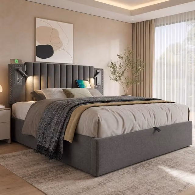 Letto matrimoniale imbottito MODFU grigio con contenitore, luce da lettura e porte USB, L/P: 180 x 200 cm – 1