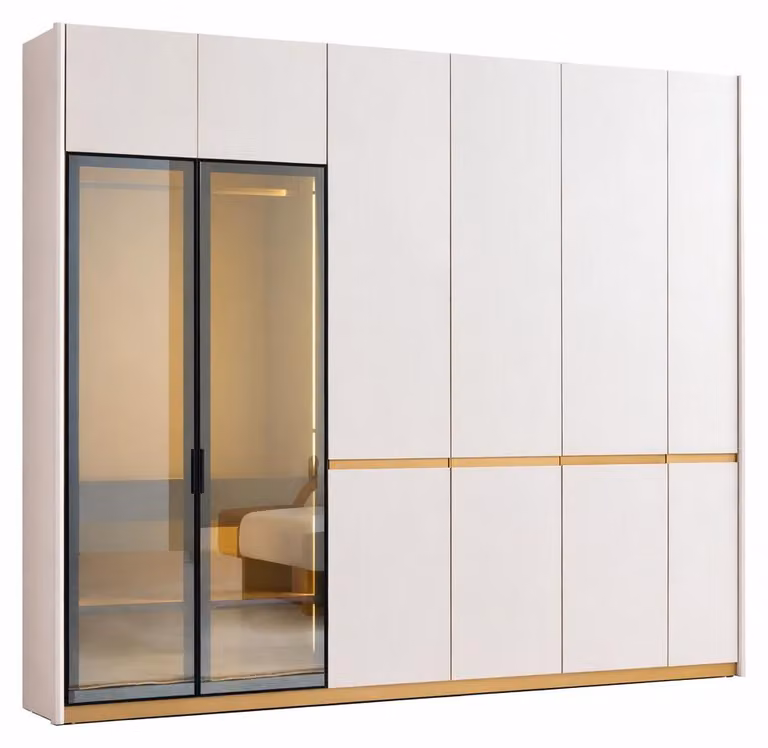 Armadio in stile moderno, colore beige, design elegante, struttura in legno