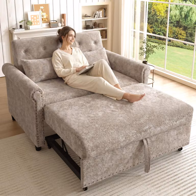 Divano letto 3 in 1 Merax, divano a 2 posti in ciniglia, letto per ospiti estraibile con schienale regolabile, grigio-marrone