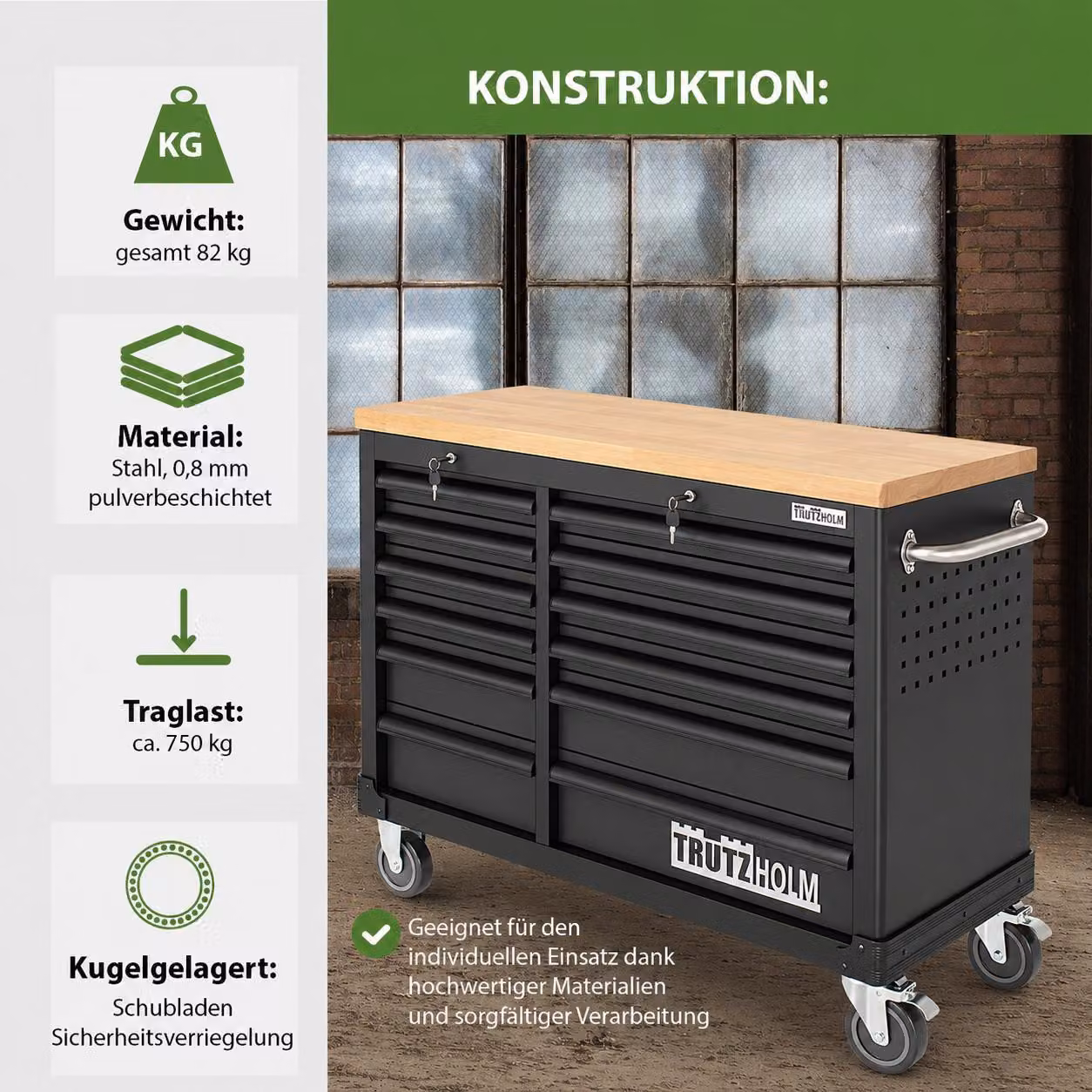 Carrello da officina DELUXE 12 cassetti 123 cm di larghezza non equipaggiato con piano di lavoro massiccio antracite