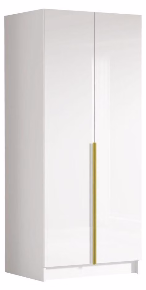 MIRJAN24 Armadio Bono I, per camera da letto, armadio con ante a battente, dotato di asta appendiabiti, design moderno, armadio guardaroba, maniglie in metallo (colore: bianco / bianco lucido + oro)