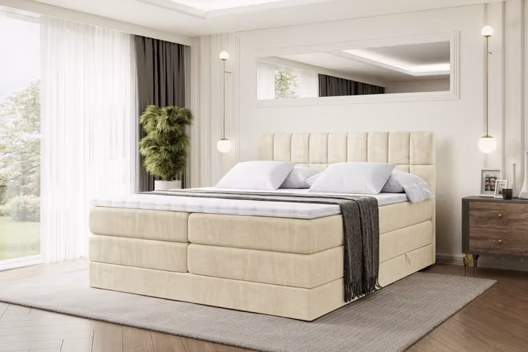 Letto boxspring ALTDECOR con 2 materassi e topper - 120x200 cm - MIAMI KING - Velluto beige - Letto imbottito con materassi H3 e H4, contenitore e rete a doghe, letto con spazio contenitivo