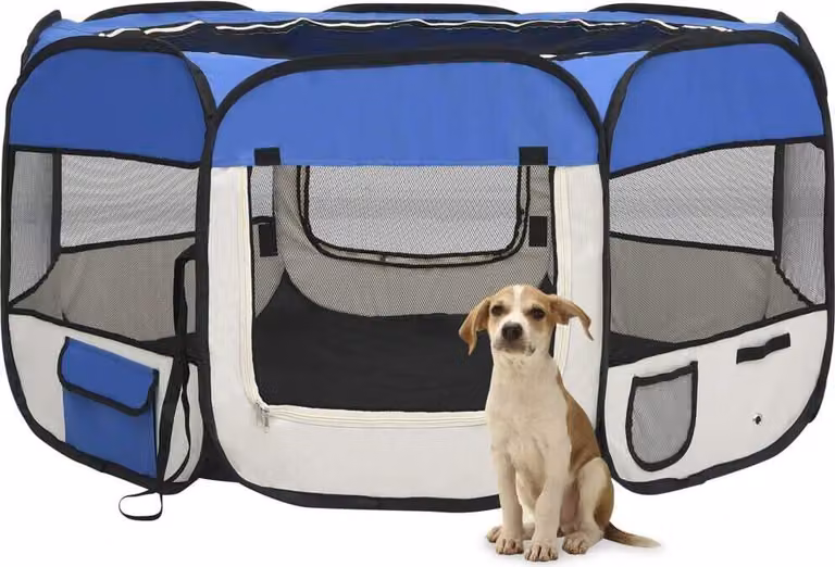 The Living Store Box pieghevole per cuccioli con borsa di trasporto blu 125x125x61 cm