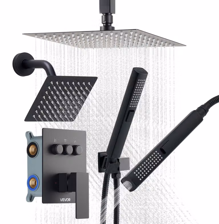 Sistema doccia a 3 funzioni, soffione a pioggia da 25,5 cm, 6 ugelli a parete, doccetta manuale, colore nero opaco