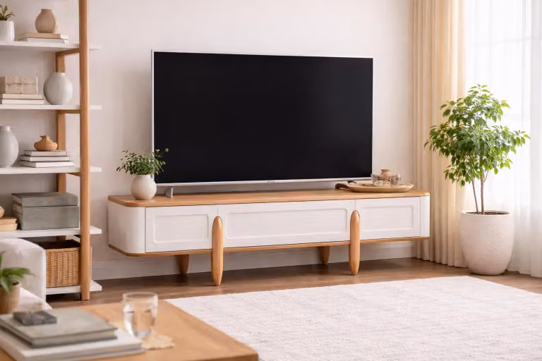 Mobile TV a basso, bianco-marrone. Tavolino esclusivo per la TV, mobiletto in legno, mobile