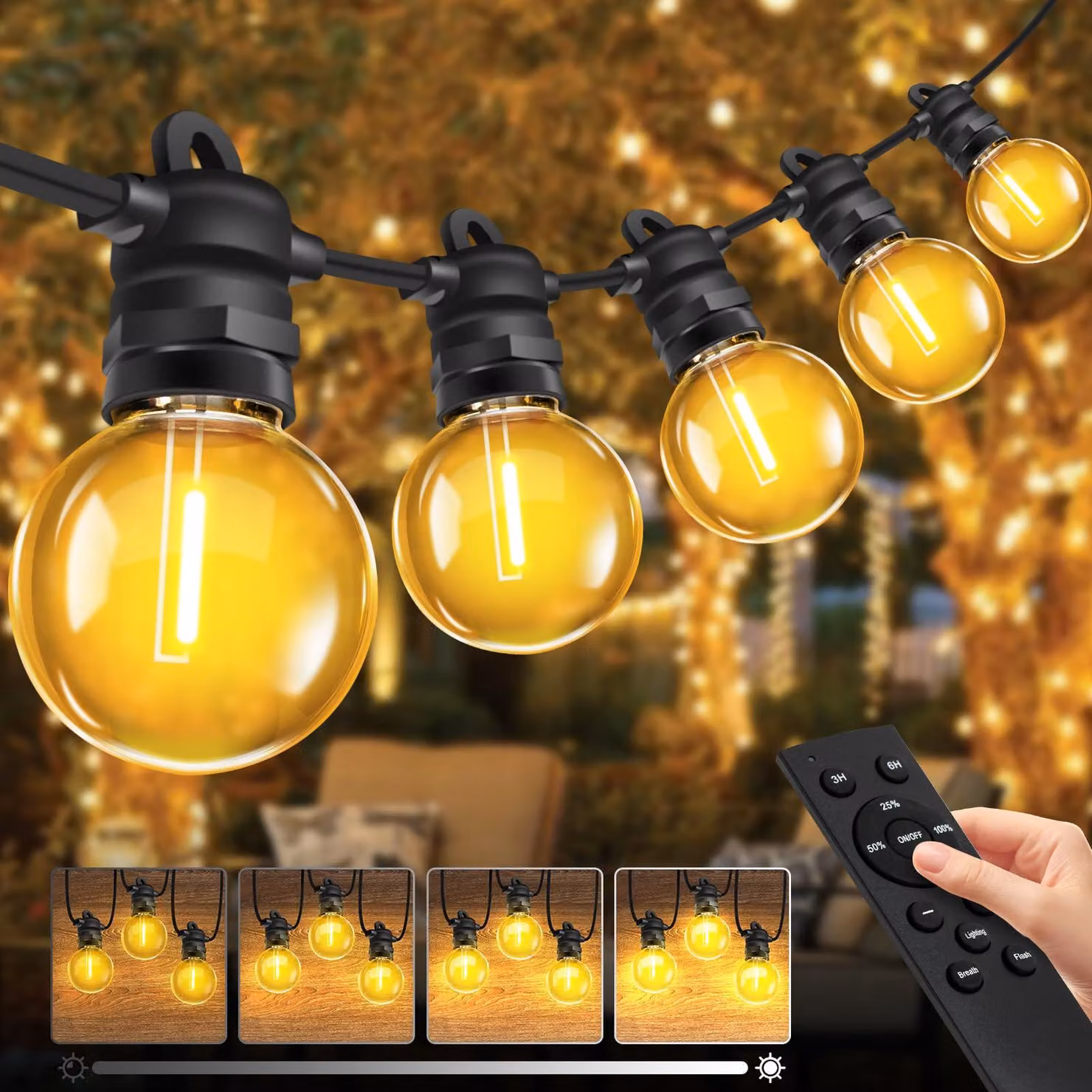 Catena luminosa da esterno, alimentazione elettrica, 10 metri, lampadine G40, ideale per balconi – con telecomando e dimmer