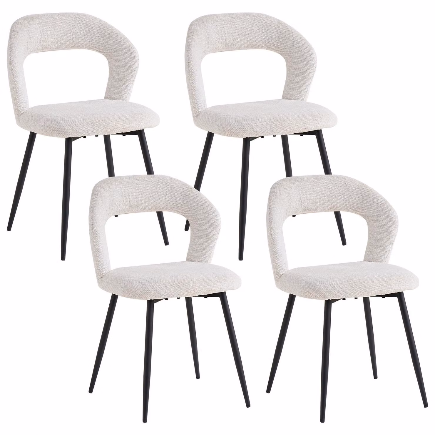 Set di 4 sedie da pranzo - Sedie imbottite dal design moderno - Schienale aperto - Seduta imbottita in tessuto - Gambe in metallo nero - Colore beige
