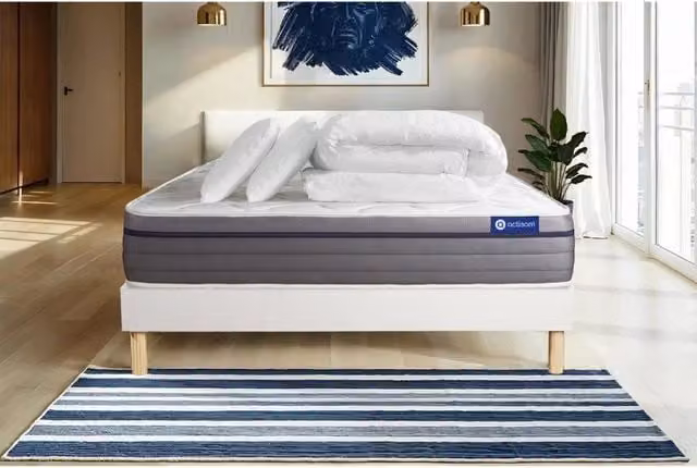 Pacchetto letto completo - Materasso 140x200cm + Box spring con doghe (kit) + 2 cuscini + Piumino - Actiflex Zen