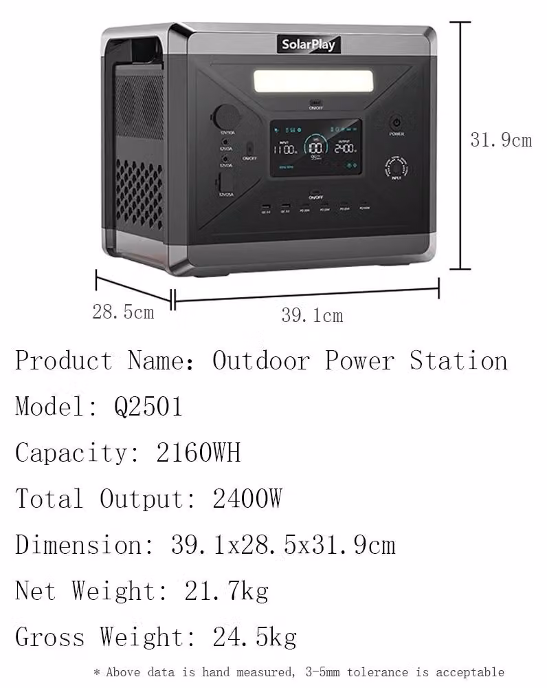 Centralina portatile - Q2402M - Generatore solare - 2400 W - Batteria LiFePO4 - 2304 Wh/2160 Wh - Ingresso solare da 500 W - Presa di corrente europea