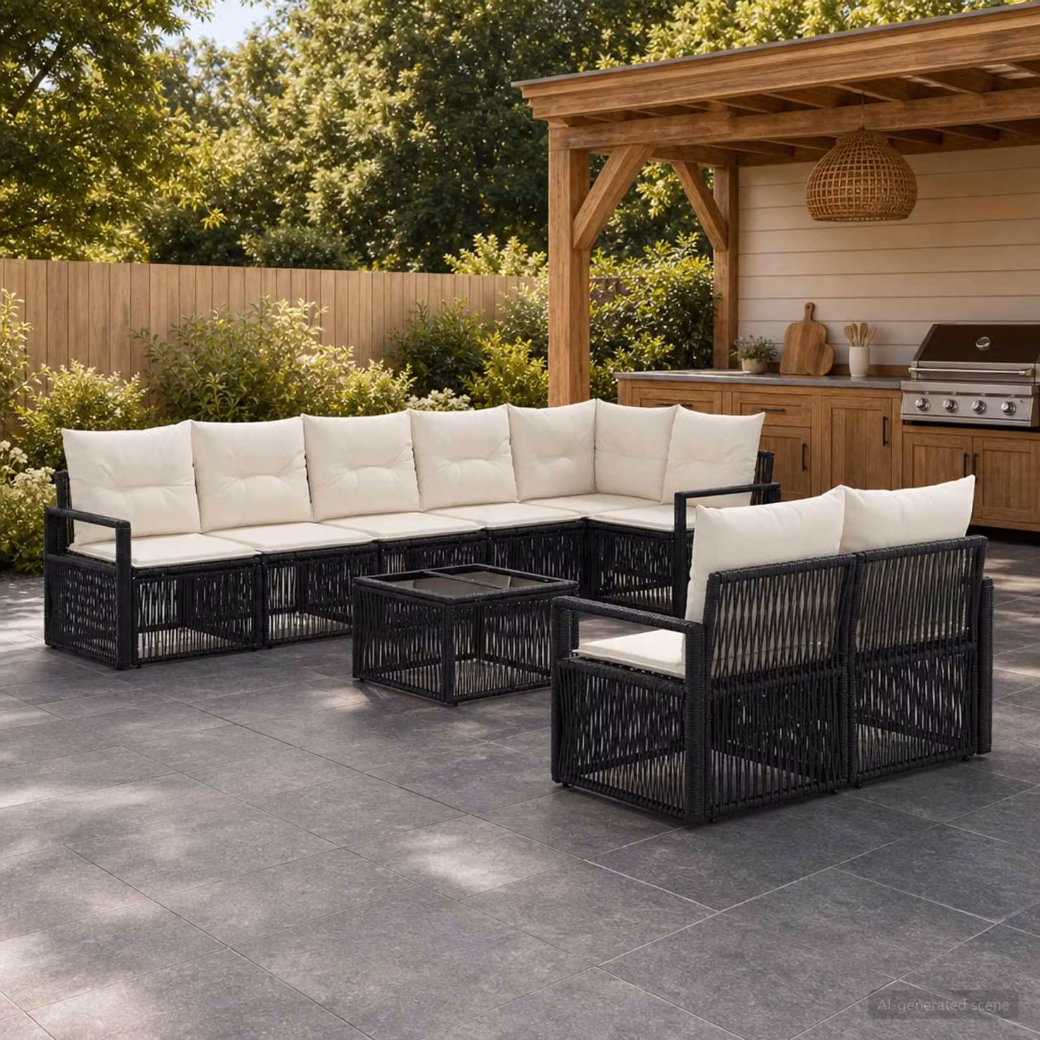 Set Divano da Giardino vidaXL 9 pz Moderno a Forma di U in Polyrattan Nero con Cuscini e Tavolino