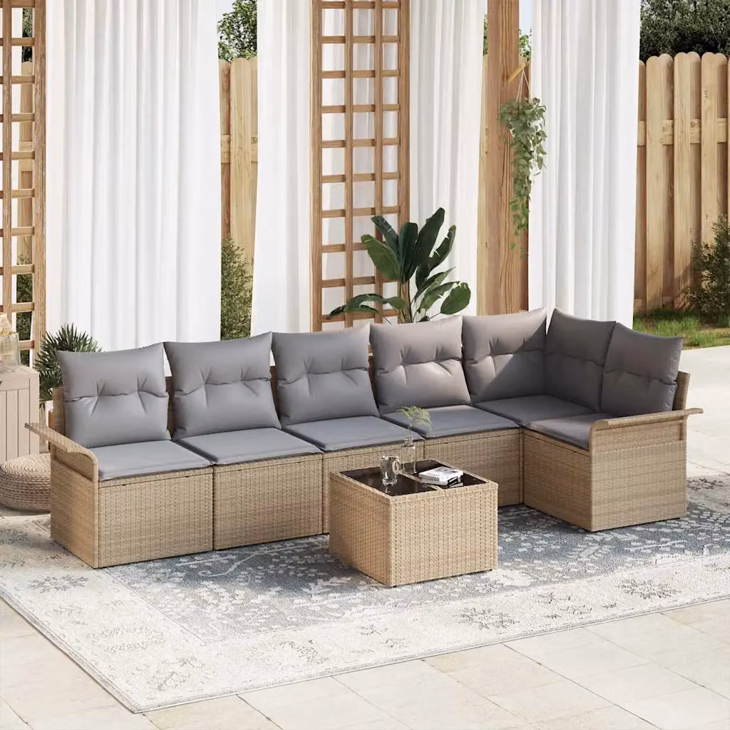 Set Divano da Giardino vidaXL 7 Pezzi in Polyrattan Beige con Cuscini e Tavolino da Esterno – 1