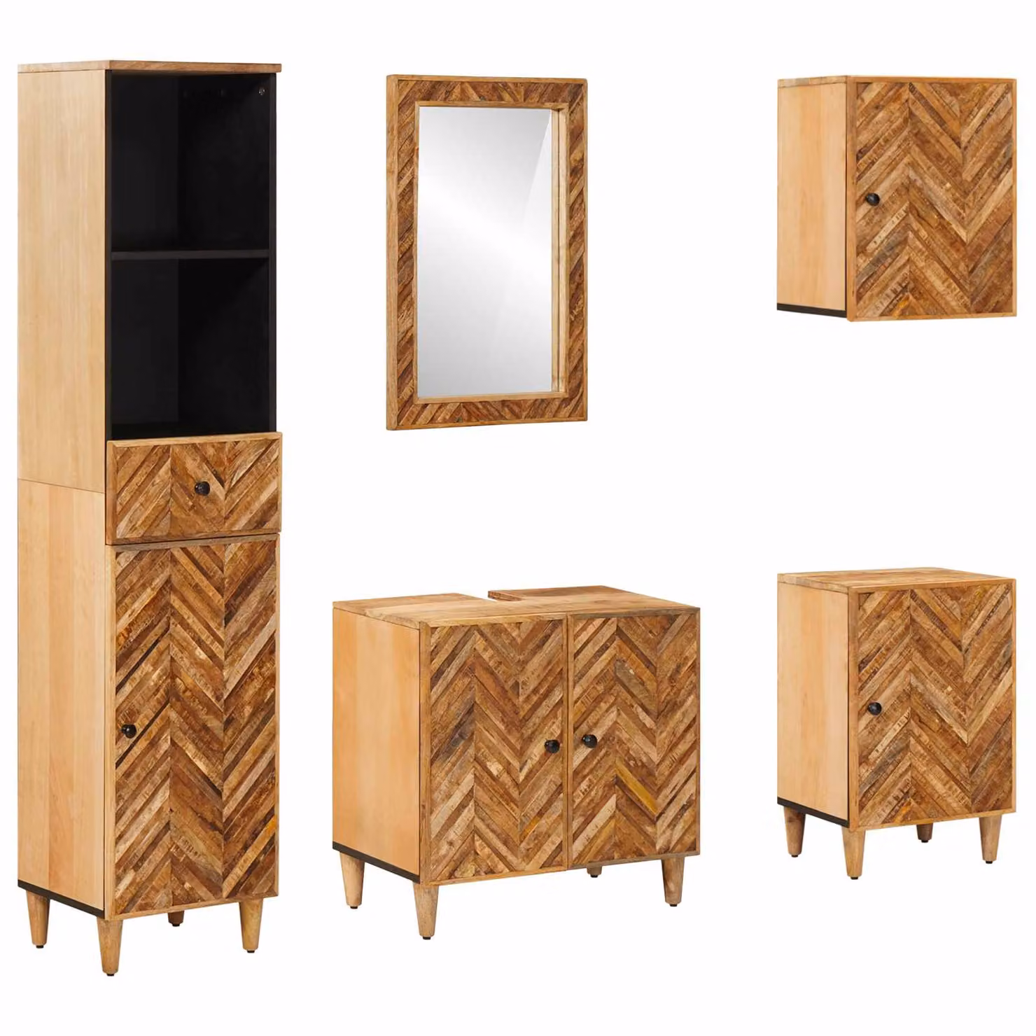 Set di armadi da bagno moderno vidaXL in legno di mango massello marrone, composto da 5 pezzi con mobile lavabo, armadietto specchio, armadio a muro e armadio alto