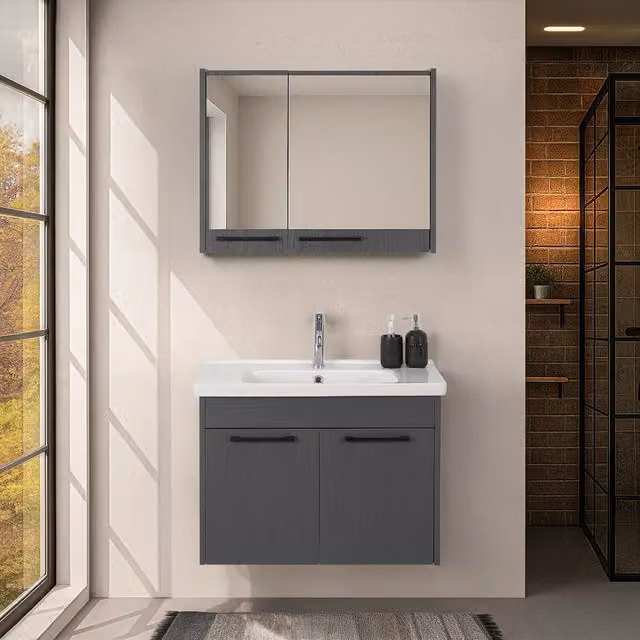 Mobile bagno sospeso Inbagno Sofia grigio effetto legno con armadietto a specchio L: 80 cm, P: 45 cm, H: 55 cm