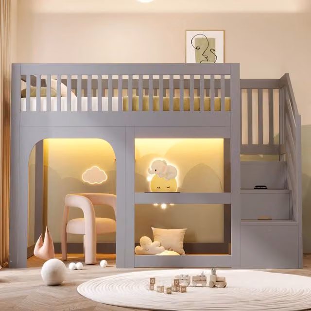 Letto a Soppalco per Bambini 90x200 cm Grigio in Legno con Scale Contenitore e LED