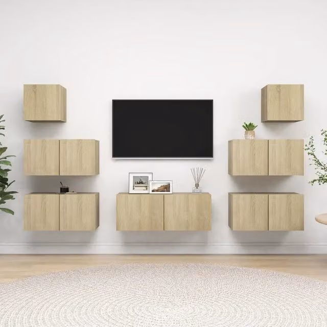 Set di mobili porta TV moderno vidaXL in legno multistrato color rovere, 7 pezzi