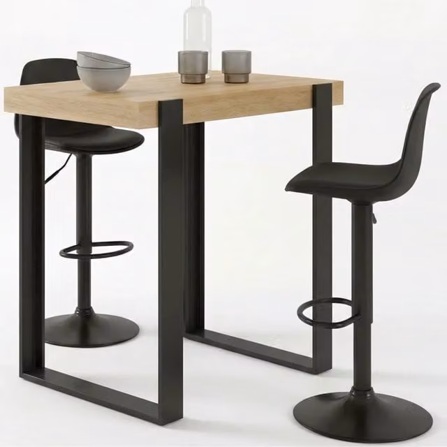 Set da bar IDMarket composto da tavolo PHOENIX rettangolare in legno e nero e 2 sgabelli KARL neri in stile industriale