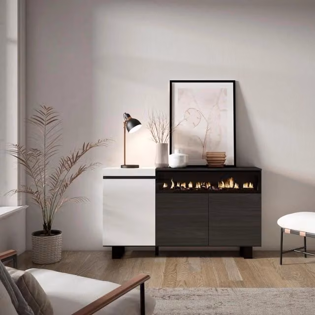 Credenza, Mobile, 150x35x87cm, 3 Porte, Camino elettrico, Design industriale, Bianco e nero RF2507