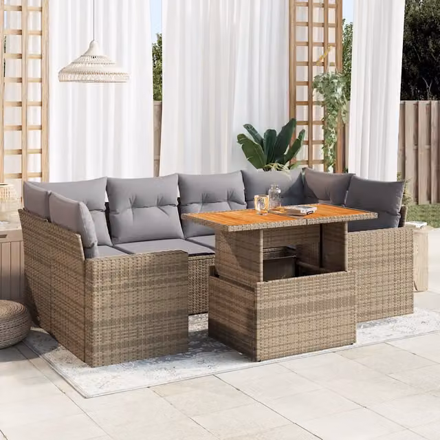 Set Divani da Giardino 7 pz con Cuscini Beige in Polyrattan 3327006