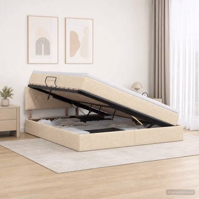 Letto con contenitore e materasso ibrido vidaXL in velluto beige e bianco L/P/H: 160 x 200 cm