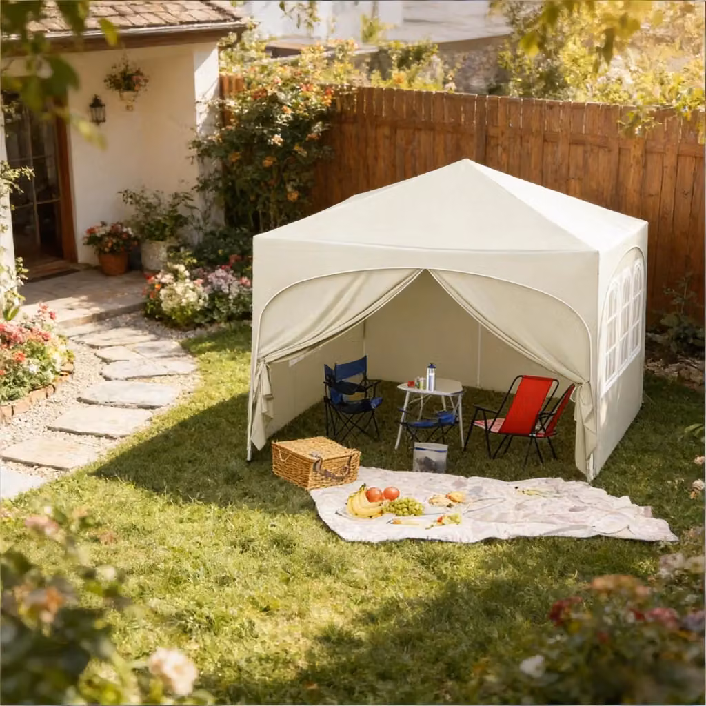 Pavillon da giardino pieghevole WISHDOR con pareti laterali e finestre, beige, struttura in metallo e tessuto Oxford, L/P/H: 300 x 300 x 258 cm – 2