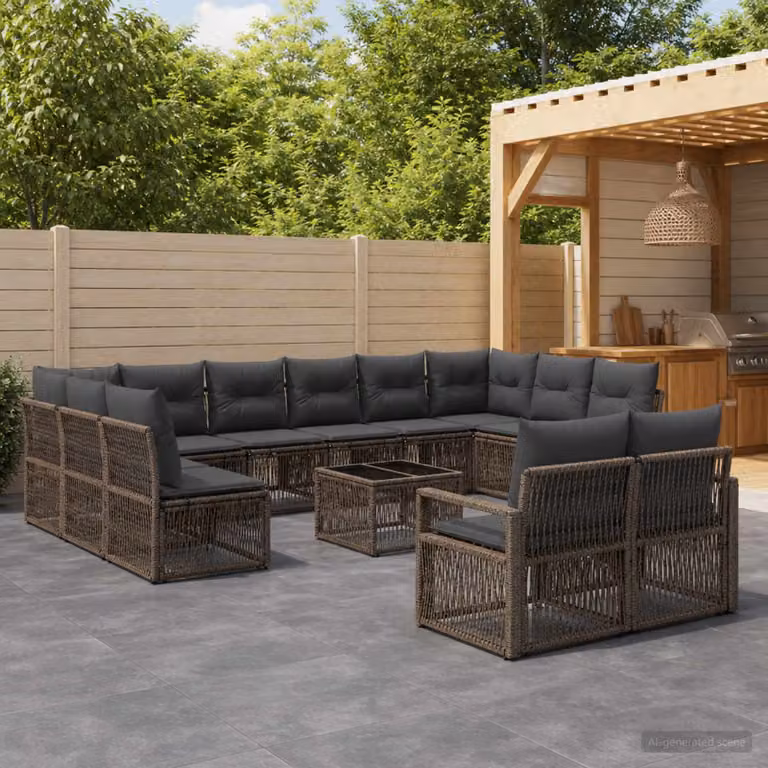 Set Divano da Giardino vidaXL 14 pz Grigio in Polyrattan con Cuscini e Tavolino