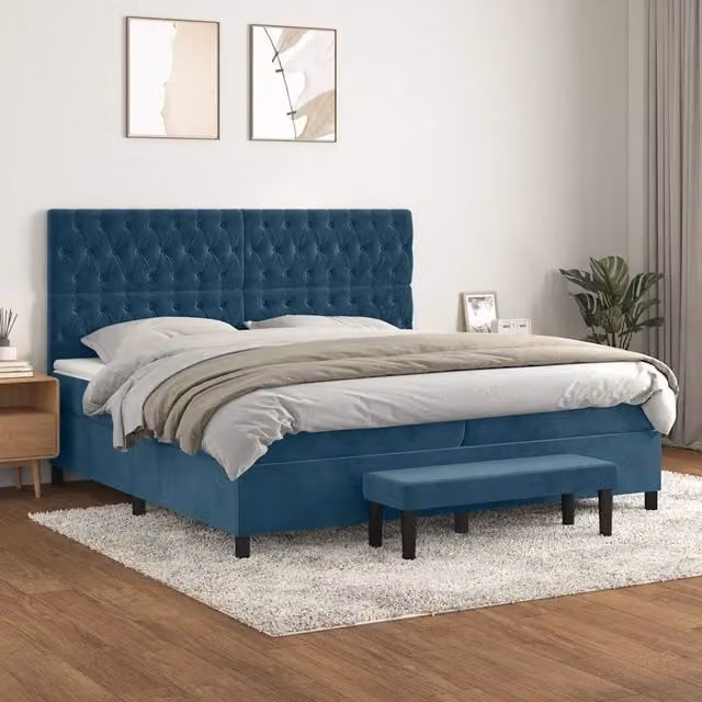 Letto Ibrido con Giroletto a Molle e Materasso vidaXL in Velluto Blu Scuro e Bianco L/P/H: 200 x 200 x 128 cm