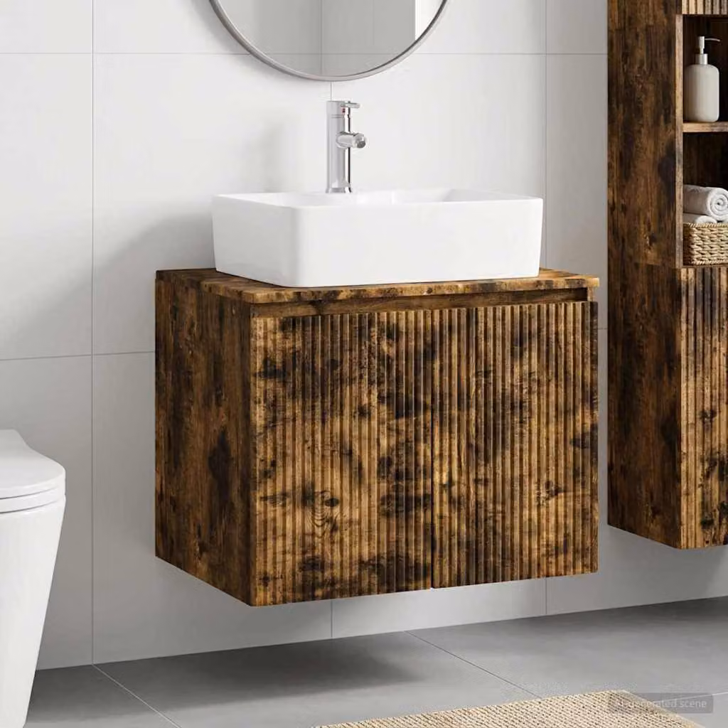 Set di mobili per il bagno vidaXL in legno ingegnerizzato rovere marrone con design minimalista e montaggio a parete
