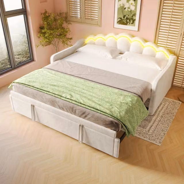 Letto con letto estraibile Mivray in velluto beige con illuminazione LED multicolore L/P/H: 200 x 90 x 120 cm