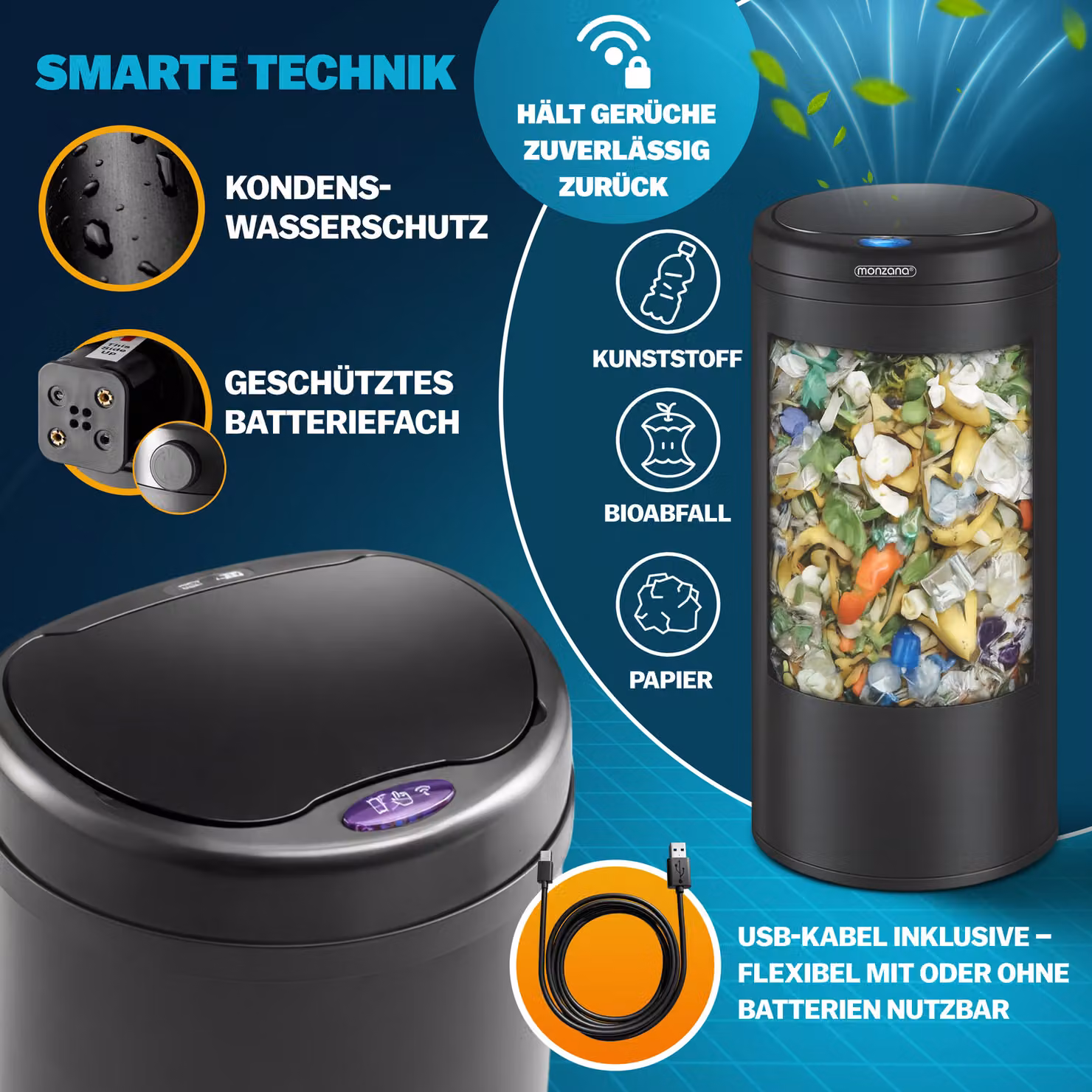 Cestino con sensore MONZANA in acciaio inox e plastica, colore nero, capacità 40 litri – 3