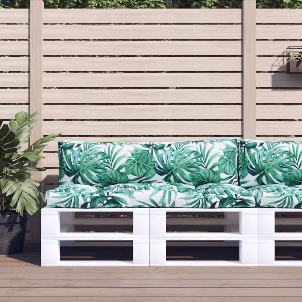 Set di 2 cuscini per pallet vidaXL con motivo a foglie, colore verde multicolore, in poliestere resistente all'acqua e ai raggi UV, L/P/H: 110 x 110 x 10 cm