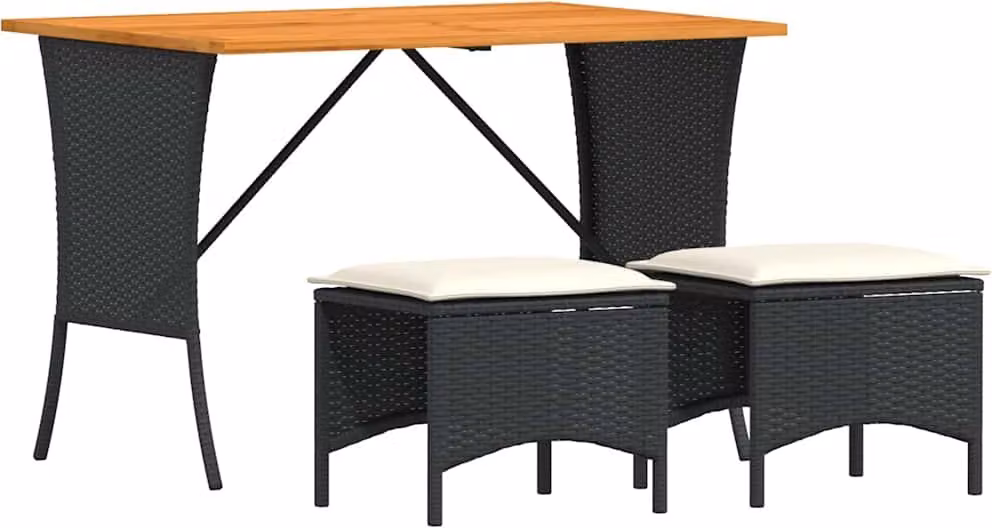 Set da Pranzo da Giardino 3 pz con Cuscini Nero in Polyrattan