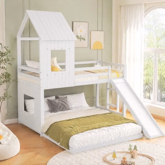 Letto a castello ULEVR 90x200 e 140x200 cm con scivolo, scala a 3 gradini, tetto e finestra, bianco