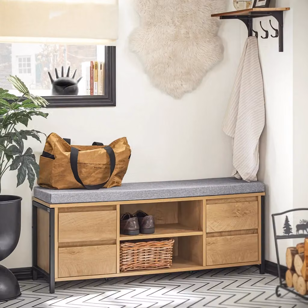 Panca Scarpiera SoBuy con 4 Cassetti e Vano Portaoggetti, Colore Nero e Naturale, L: 110 cm, P: 35 cm, H: 45 cm – 2