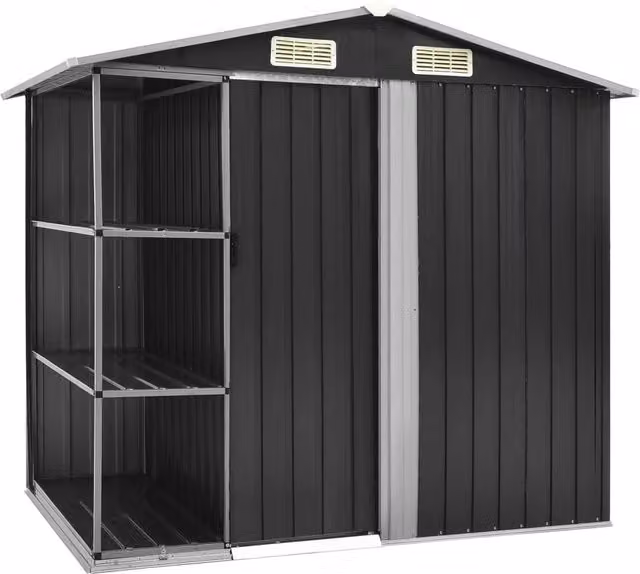 Casetta da giardino e ripostiglio esterno in acciaio galvanizzato con ripiani, colore grigio antracite, L: 205 cm, P: 130 cm, H: 183 cm