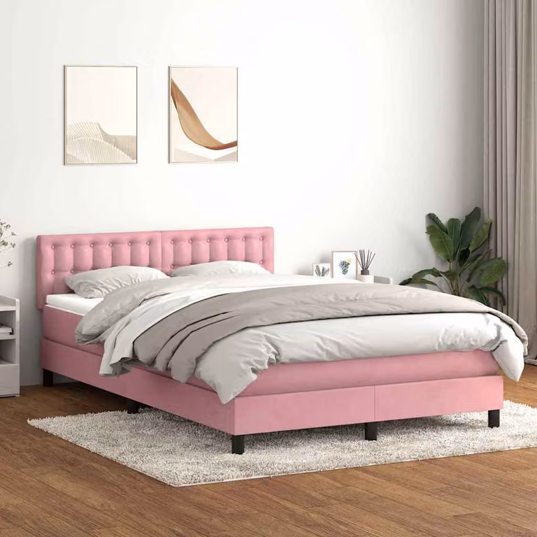 vidaXL Letto con Giroletto a Molle e Materasso Ibrido in Velluto Rosa e Bianco L: 144 cm, P: 88 cm, H: 223 cm