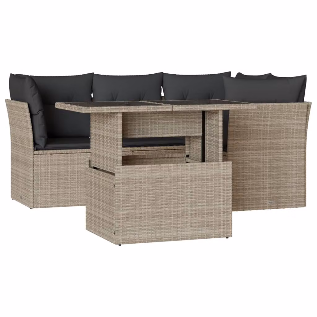 Set Divano da Giardino 5pz con Cuscini Grigio Chiaro Polyrattan