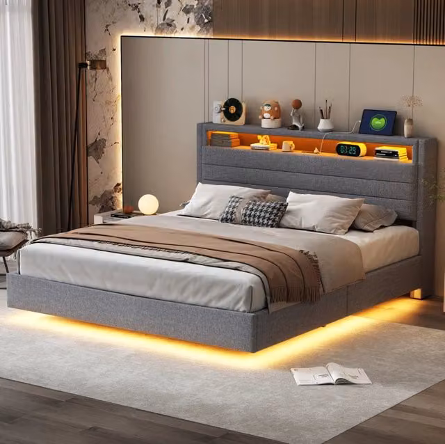 Letto matrimoniale imbottito 160x200 cm grigio con contenitore idraulico, LED e USB