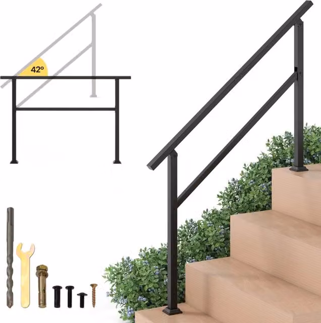 Ringhiera di sicurezza per scale e terrazza in acciaio con kit di installazione e regolazione dell'angolo, corrimano esterno per 0-4 gradini, Nero