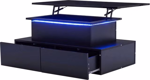 Tavolino da salotto nero lucido con illuminazione LED, 4 cassetti e piano estraibile 90x55x41 cm, portata 30 kg