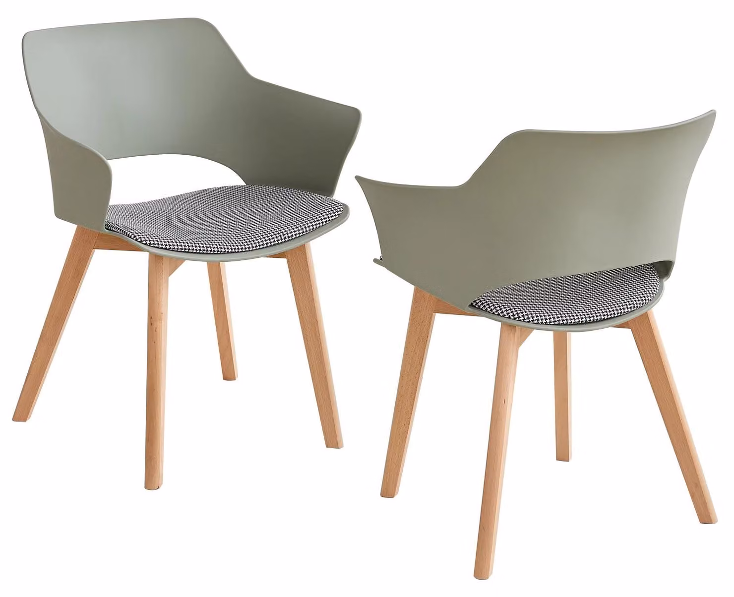 Set di 2 sedie da pranzo in stile nordico, con braccioli, struttura in plastica, gambe in legno massello, seduta imbottita in tessuto. Design moderno, colore verde